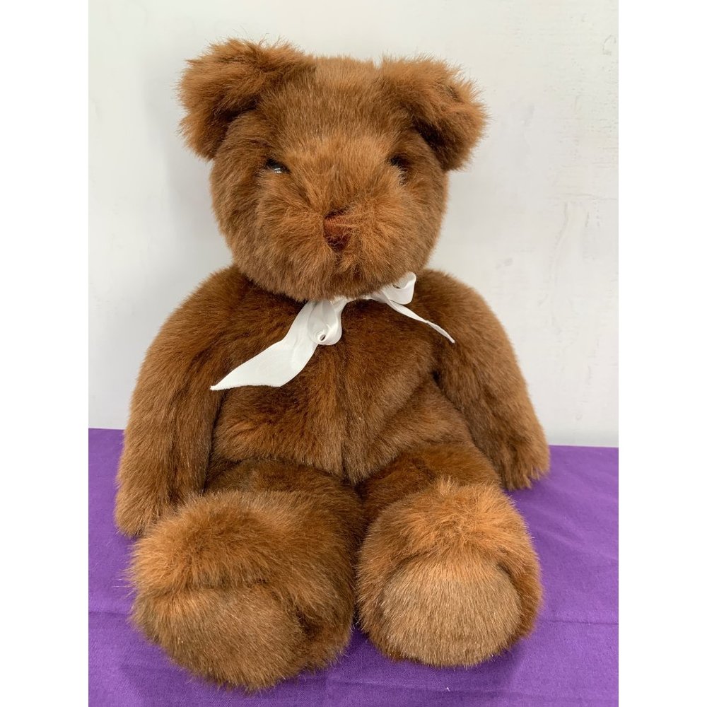 TY, Inc 1990 Brown Bear Beanie Buddy 17” with white Talbots bow Brown plastic ey